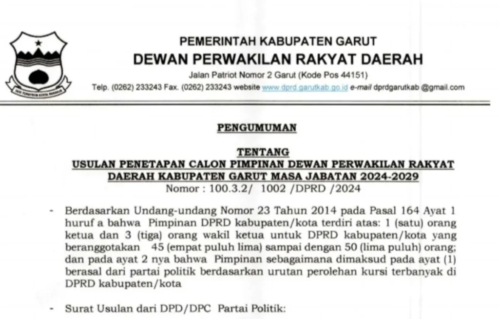 Surat pengumuman usulan penetapan calon pimpinan DPRD Garut