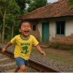 seorang anak kecil berlari di rel kereta api yang sudah lama tak aktif