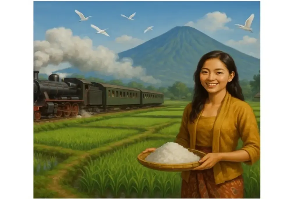 Kereta api melintasi jalur pesawahan (ilustrasi)