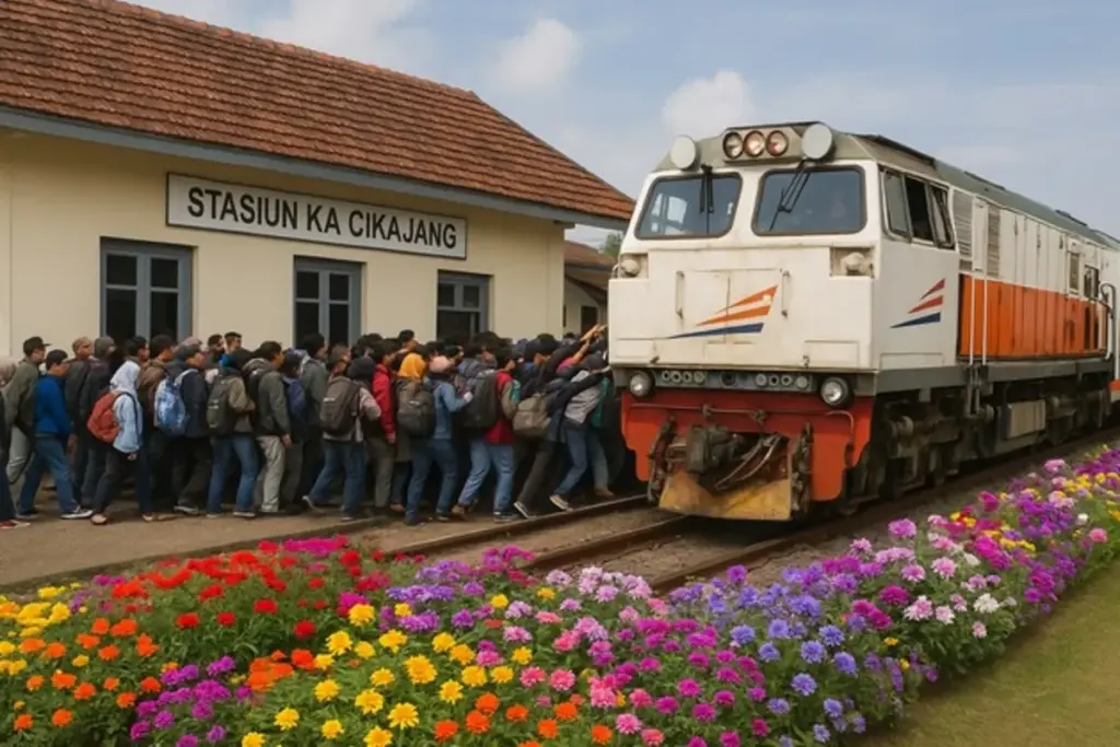 ILUSTRASI warga berdesakan naik kereta api di stasiun Cikajang. (ist)