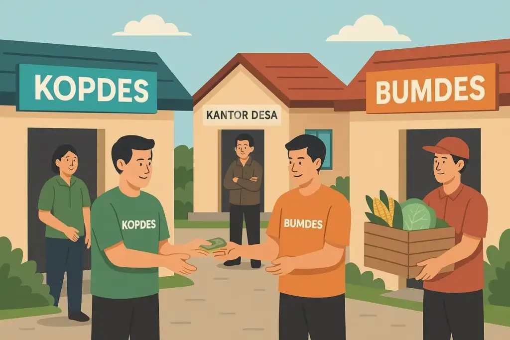 Ilustrasi pola hubungan kerjasama. BUMDes menghasilkan produk ketahanan pangan menjualnya ke KOPDes. disaksika