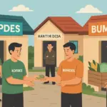 Ilustrasi pola hubungan kerjasama. BUMDes menghasilkan produk ketahanan pangan menjualnya ke KOPDes. disaksika