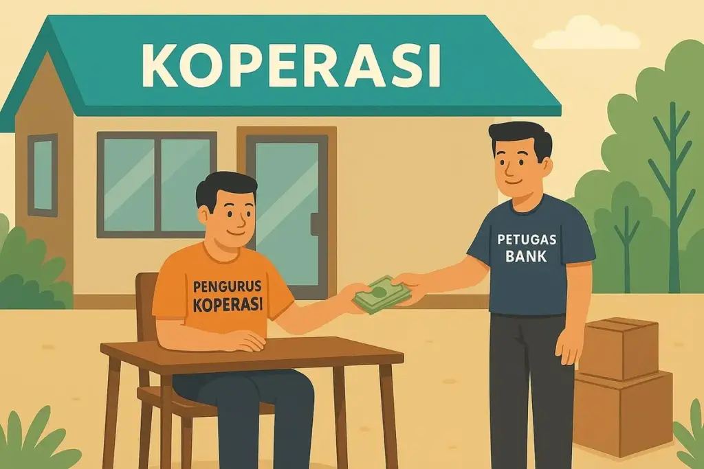 ilustrasi pengurus koperasi menyetorkan bayaran ke petugas bank