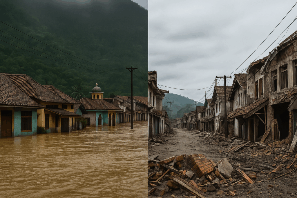 ilustrasi bencana gempa dan banjir (AI)