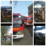 kolase foto kebakaran dan upaya damkar memadamkan api