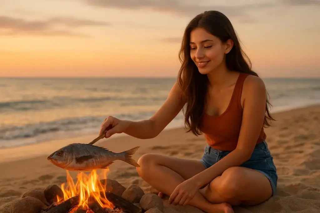 bakar ikan di tepi pantai (AI)