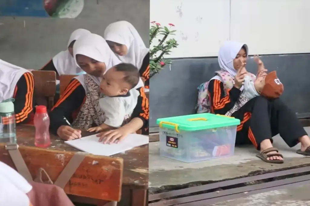 Ironi Dunia Pendidikan, Kisah Zulfa Bersekolah Gendong Adik Down Syndrome Sambil Jualan di Garut Zulfa yang bersekolah gendong adik dan berjualan. (Tangkapan layar akun TikTok @banghelmibahe)