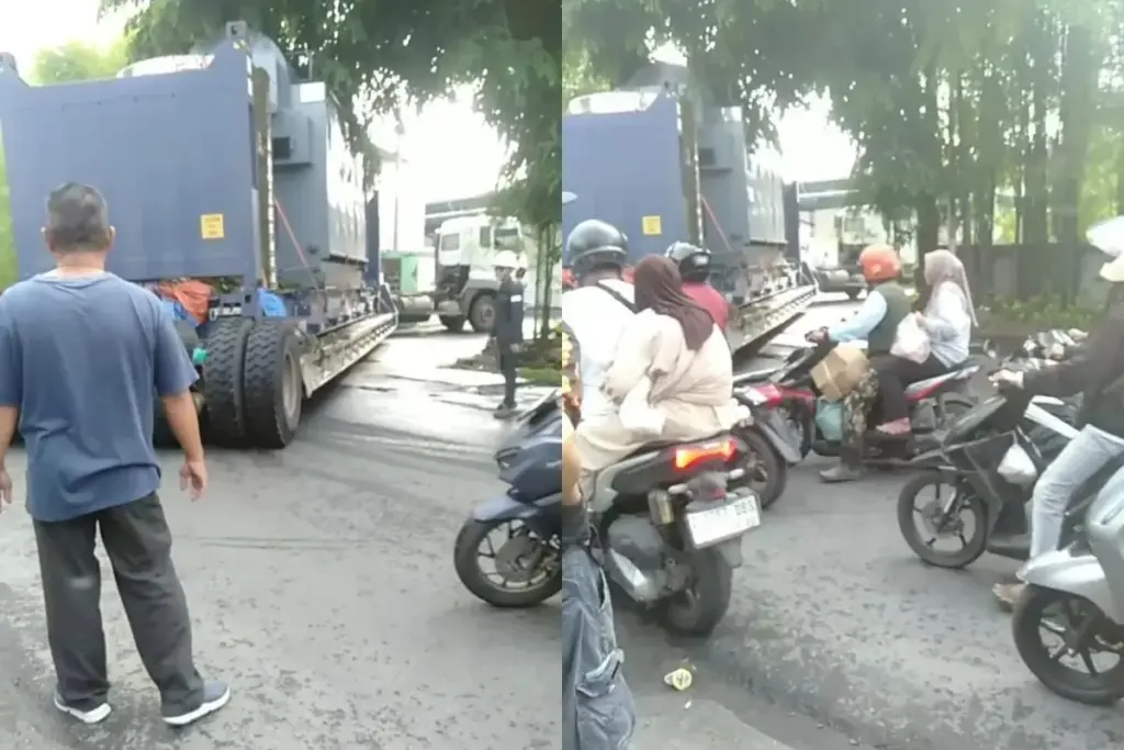 Sebuah mobil raksasa yang masuk menuju pabrik pembuatan kecap membuat kekacauan di Jalan KH Hasan Arief
