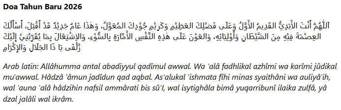 Doa Tahun Baru 2026 Lengkap Arab Latin dan Terjemahan untuk Awal Yang Penuh Makna. Doa tahun baru 2026