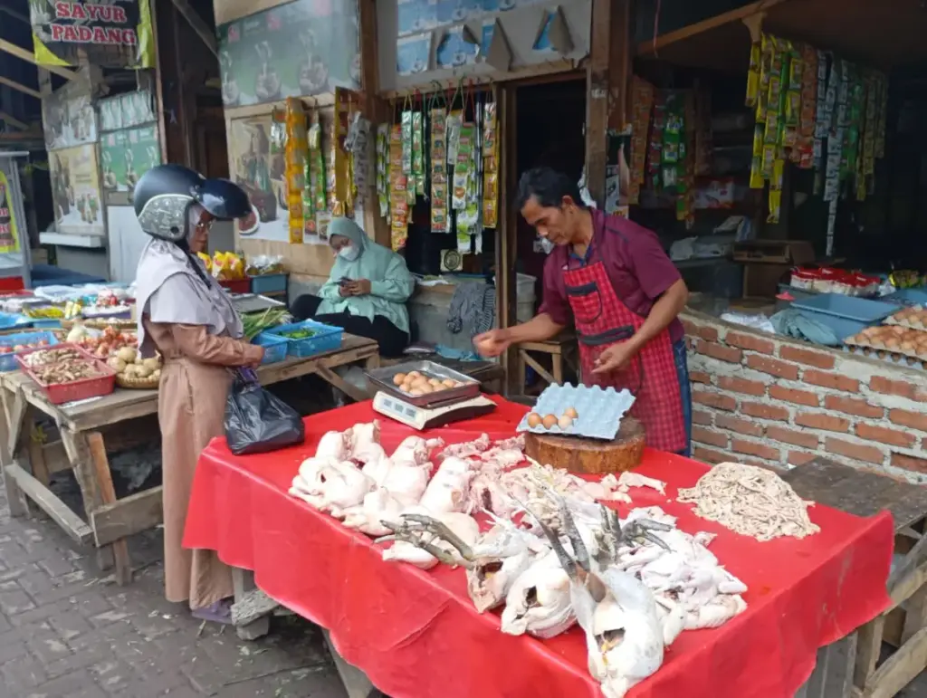 Harga Bapokting di Garut Fluktuatif, Disperindag Catat Kunjungan Pasar Turun Lebih dari 20 Persen Penjual Ayam Boiler di Pasar Ciawitali Garut. (Ale/Radar Garut)